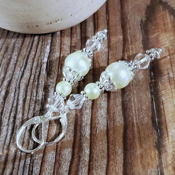 Lt Yellow Green Glass Pearl Sterling Silver Plate Handcrafted Dangle Earrings - Picture 6 of 11